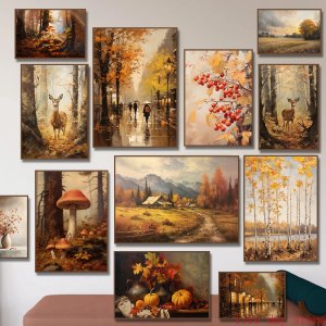 Autumn Countryside Canvas Painting Field Birch Tree Deer Still Life Fall Leaves Vase Poster Nature Wall Art for Room Home Dec