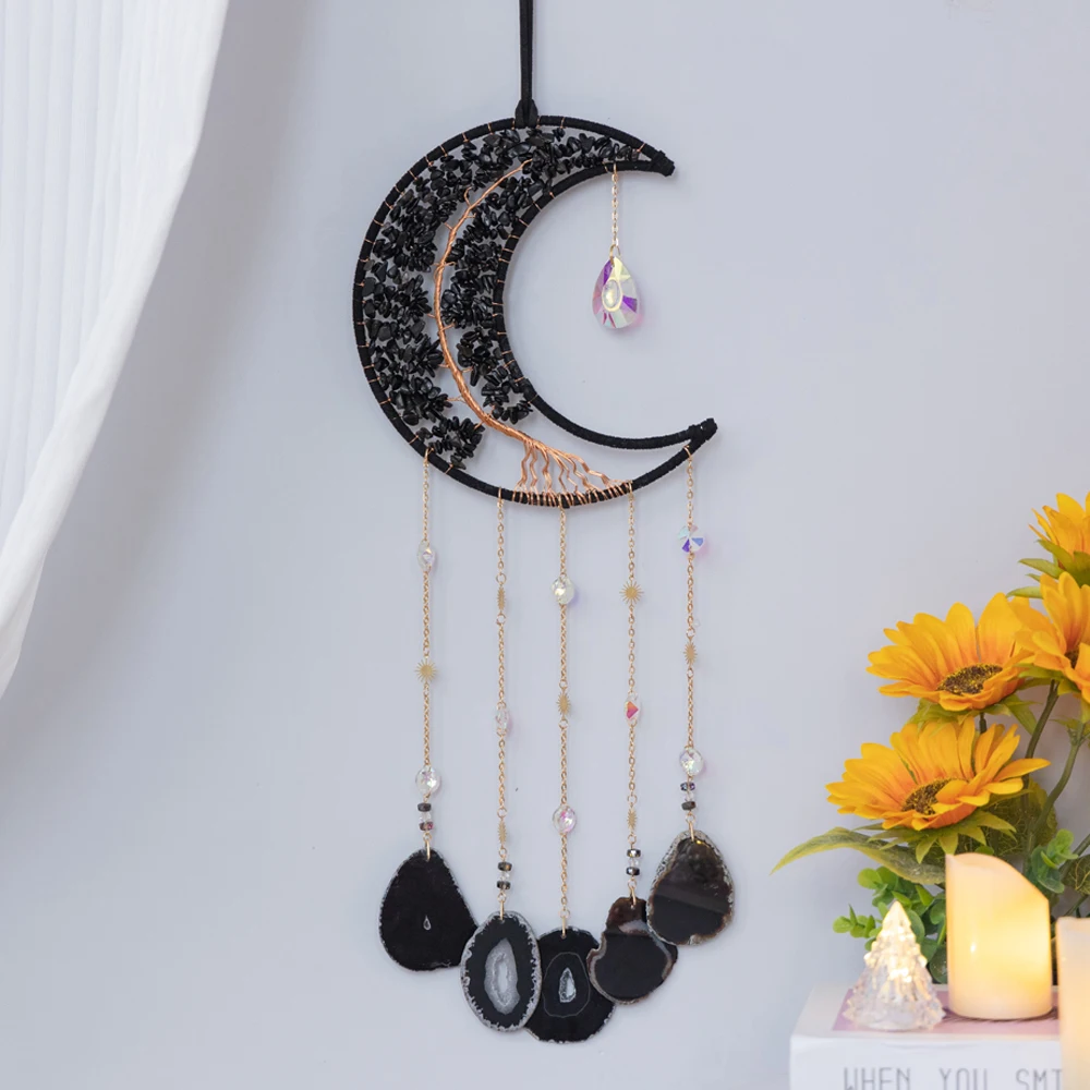 Natural Agate Moon Dream Catcher 7 Chakra Gems Handmade Dream Catchers Garden Living Room Crystal Agate Wall Hanging Decorations Natural Agate Moon Dream Catcher 7 Chakra Gems Handmade Dream Catchers Garden Living Room Crystal Agate Wall Hanging Decorations