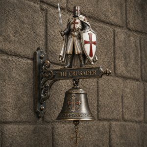 Medieval Templar Knight Wall Bell Gothic Crusader Statue Doorbell with Cross Pull Chain Vintage Bronze Style Retro Home Decorati