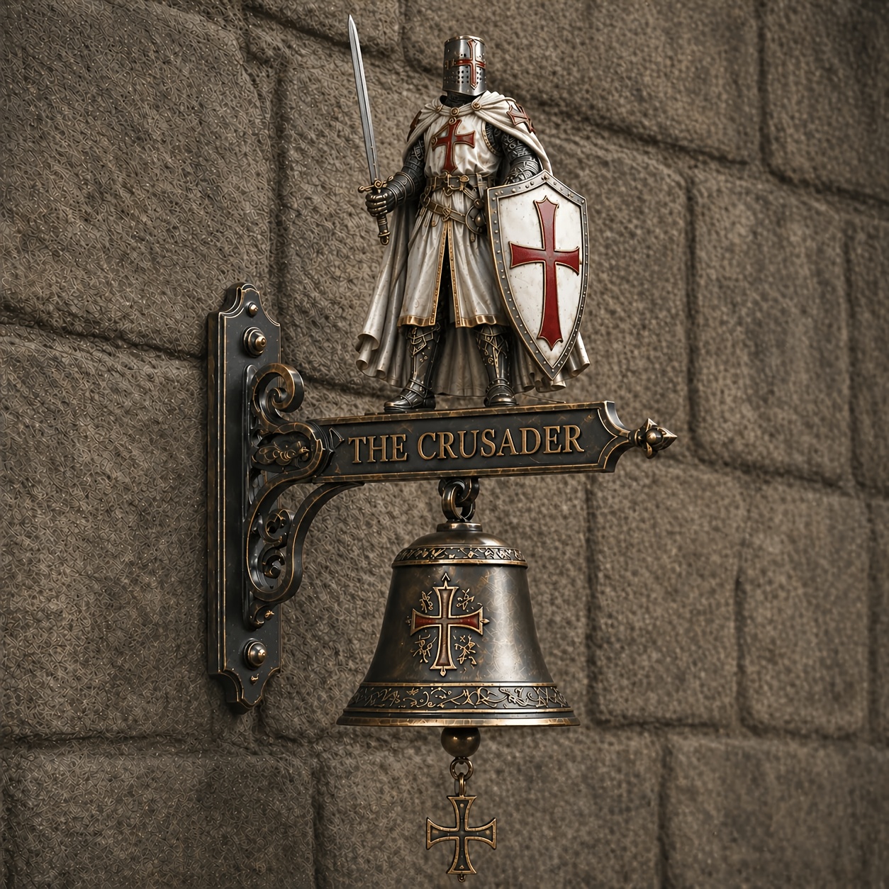 Medieval Templar Knight Wall Bell Gothic Crusader Statue Doorbell with Cross Pull Chain Vintage Bronze Style Retro Home Decorati Medieval Templar Knight Wall Bell Gothic Crusader Statue Doorbell with Cross Pull Chain Vintage Bronze Style Retro Home Decorati