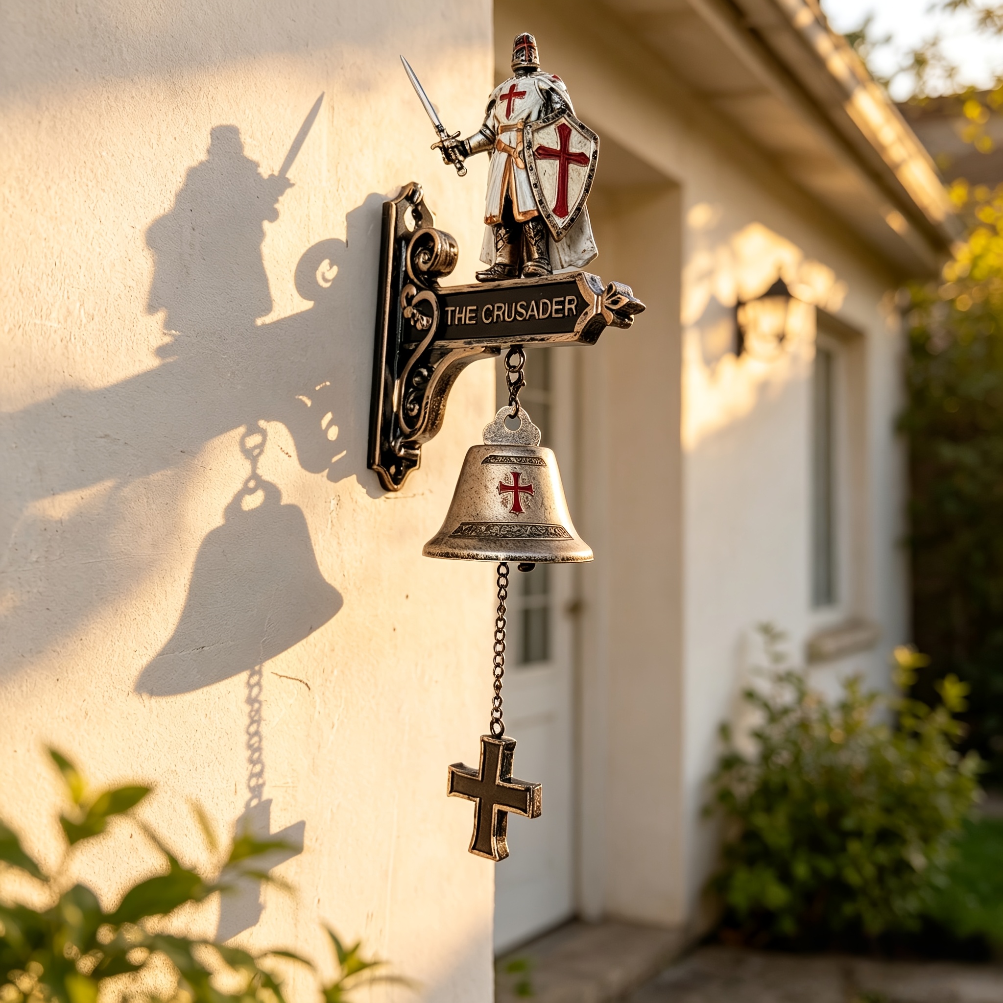 Medieval Templar Knight Wall Bell Gothic Crusader Statue Doorbell with Cross Pull Chain Vintage Bronze Style Retro Home Decorati Medieval Templar Knight Wall Bell Gothic Crusader Statue Doorbell with Cross Pull Chain Vintage Bronze Style Retro Home Decorati