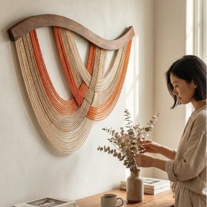 Macrame Tapestry Wall Hanging Woven Wooden Rod Blue White Boho Nordic Wall Art Bedroom Living Room Decoration Home Decor