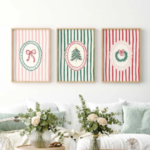 3pcs/set Christmas Tree Bowknot Wreath Stripe Canvas Print Poster Dopamine Colorful Art Prints Wall Art Home Decor Holiday Gifts
