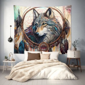 Wolf dreamcatcher tapestry Native American spirit animal art boho bedroom wall decor nature inspired mural