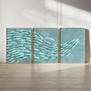 3PCS Shoal of Fish Poster Set  Blue Coastal Wall Art  Nautical Beach Home Decor Boho Fish Poster Canvas Paintings For Room Decor