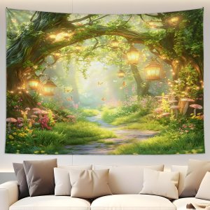Fantasy Forest Tapestry Fairy Magical Enchanted Misty Jungle Mushroom Floral Tree Butterfly Spring Wonderland Wall Decor Home