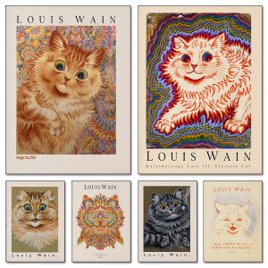 Louis Wain Ginger Kaleidoscope Cat Poster Retro Funny Animal Canvas Painting Wall Art for Kid's Room Dorm Home Decor Mural