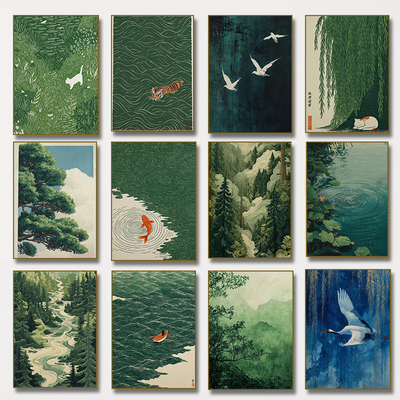 Retro Japanese Forest & Koi Fish Zen Water Waves Crane Painting Canvas Poster Print Wall Art for Peaceful Home Decor Cuadros Retro Japanese Forest & Koi Fish Zen Water Waves Crane Painting Canvas Poster Print Wall Art for Peaceful Home Decor Cuadros