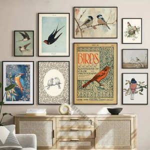 Vintage Bird Art Print Poster Antique Bird Sketch Wall Art Canvas Painitng Vintage Country Bird Neutral Farmhouse Room Decor
