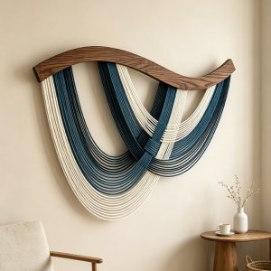 Woven Wall Hanging Macrame Tapestry Wooden Rod Blue White Boho Nordic Wall Art Decoration Home Bedroom Living Room Decor