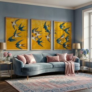 Swallow Birds Poster Set of 3, Japanese Art Print, Yellow and Blue Wall Art Frameless Canvas Home Decor Art Poster
