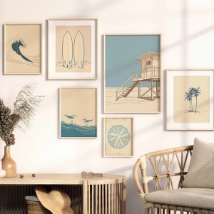 Vintage Beach Sea and Surf Poster Beach House Landscape Minimalist Prints Wall Art Picture Canvas Painting for Room Home Decor