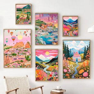 Flowers Mountain Lake Colorful Poster Nature Landscape Travel Decor Poster HD Quality Wall Art Retro Posters for Home Room Decor