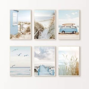 Nature Beach Sea Waves Coastal Pampass Grass Reed Sky Bus Photography Nordic Poster Canvas Printing Wall Home Decor