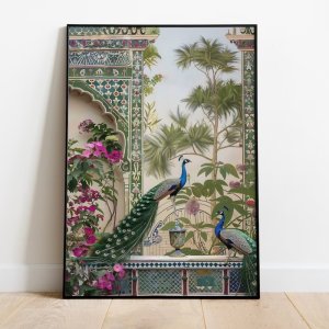 Peacock Mughal Art Print, Indian Palace Royal Painting Home Decor Frameless Canvas Art Wall Decoration Poster