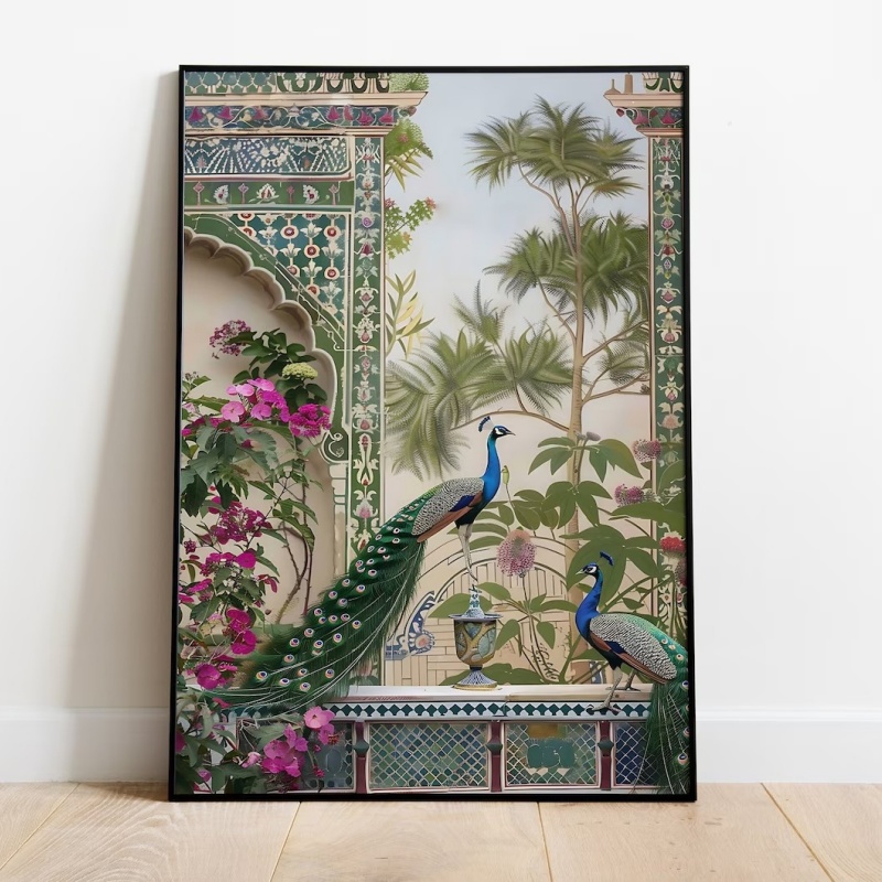 Peacock Mughal Art Print, Indian Palace Royal Painting Home Decor Frameless Canvas Art Wall Decoration Poster Peacock Mughal Art Print, Indian Palace Royal Painting Home Decor Frameless Canvas Art Wall Decoration Poster