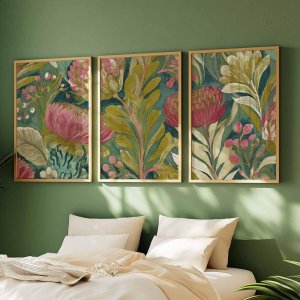 Botanical Wall Art Set of 3 Vintage Protea Floral Prints Green and Pink Nature Art for Living Room or Bedroom Decor Gift Poster
