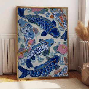 Japanese Koi Fish Floral Canvas Print Poster Japandi Colorful Abstract Art Prints Living Room Bedroom Wall Art Home Decor Poster