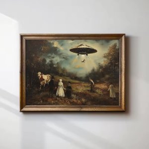 Vintage Surreal Funny Victorian UFO Landscape Cow Alien Wall Art Poster Print Funny Cat Canvas Painting for Farmhouse Home Decor