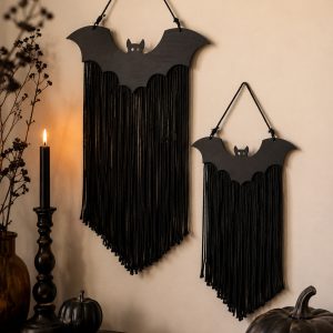 Gothic Black Bat Wall Hanging Macrame Woven Bat Tapestry Halloween Spooky Farmhouse Wall Decor for Living Room Mantel Party Gift