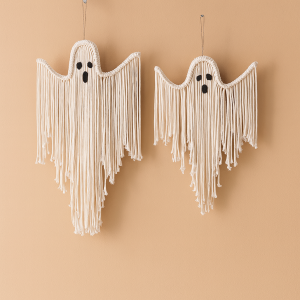 White Macrame Halloween Ghost Wall Hanging Tapestry, Hand-Woven Tassels Tapestries for Home, Bedroom Living Room Wall Decor Gift