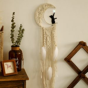 Crescent Moon Black Cat Macrame Wall Hanging Feather Tassel Dreamcatcher Boho Woven Tapestry Aesthetic Bedroom Home Wall Decor
