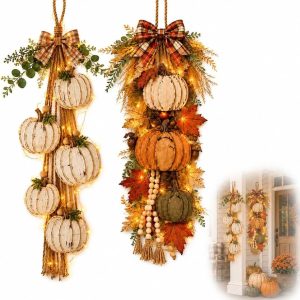 Rustic Wooden Pumpkin Hanging Swag Featuring Warm LED Glow Front Door Hanging Wreath Autumn Thanksgiving Porch Decor