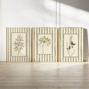 3pcs Frameless, Sage Plant Specimen Series Canvas Poster Simple Green Striped Single Stem Flower Art Retro Style Wall Decoration