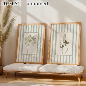 Boho Sage Green Striped Botanical Canvas Prints Set of 2, Neutral Minimalist Wildflower Unframed Wall Decor