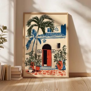 Moroccan Courtyard Wall Art Print, Bohemian Doorway Lush Green Plants, Exotic Home Decor Poster, Moroccan Courtyard Artwork