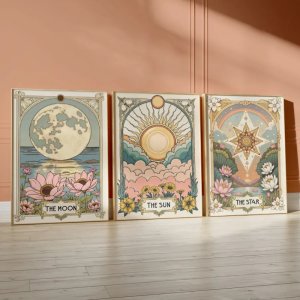 3 Frameless Retro Sun, Stars and Moon Tarot Art Prints, Retro Flowers and Plants Wall Decoration, Bohemian Floral Canvas Posters
