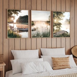 3pcs Set Modern Rustic Landscape Canvas Art Prints - Frameless Geometric Triptych Wall Posters - Serene Lake and Wooden Canoe Na