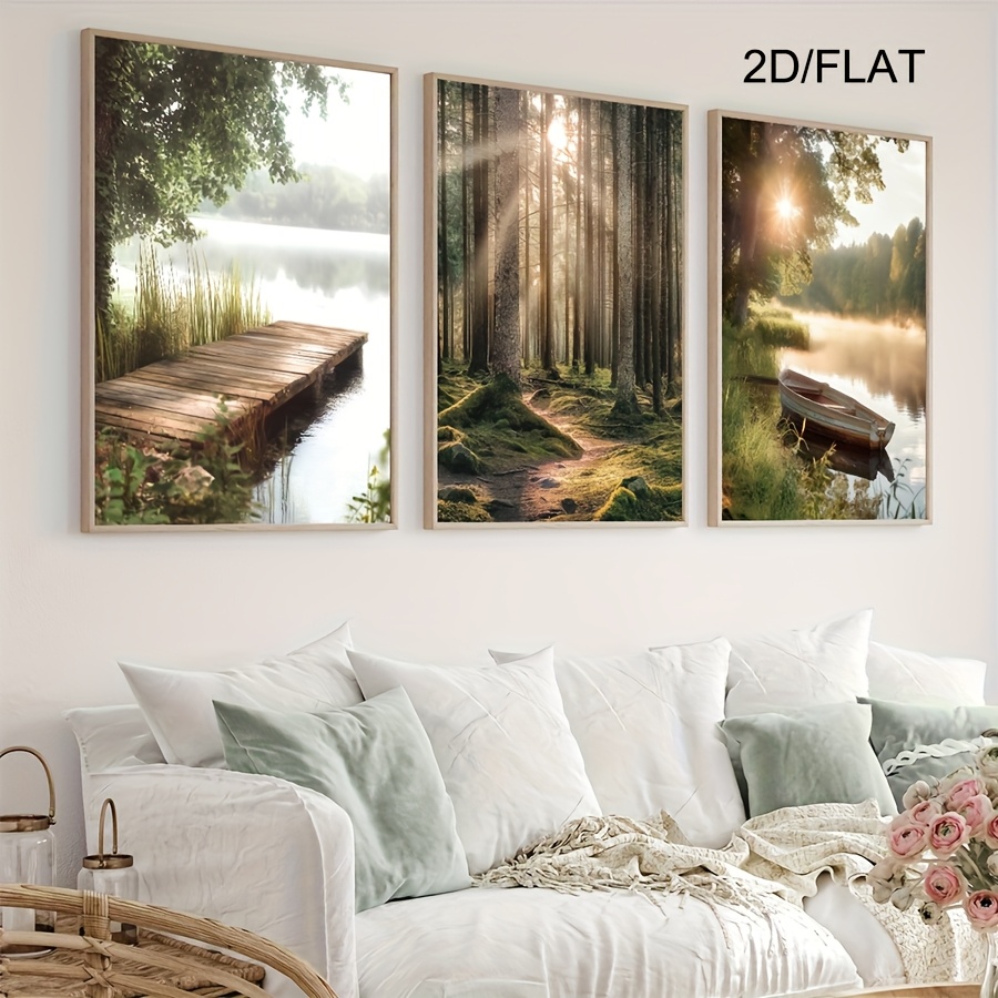 3pcs Set Modern Rustic Landscape Canvas Art Prints - Frameless Geometric Triptych Wall Posters - Serene Lake and Wooden Canoe Na 3pcs Set Modern Rustic Landscape Canvas Art Prints - Frameless Geometric Triptych Wall Posters - Serene Lake and Wooden Canoe Na