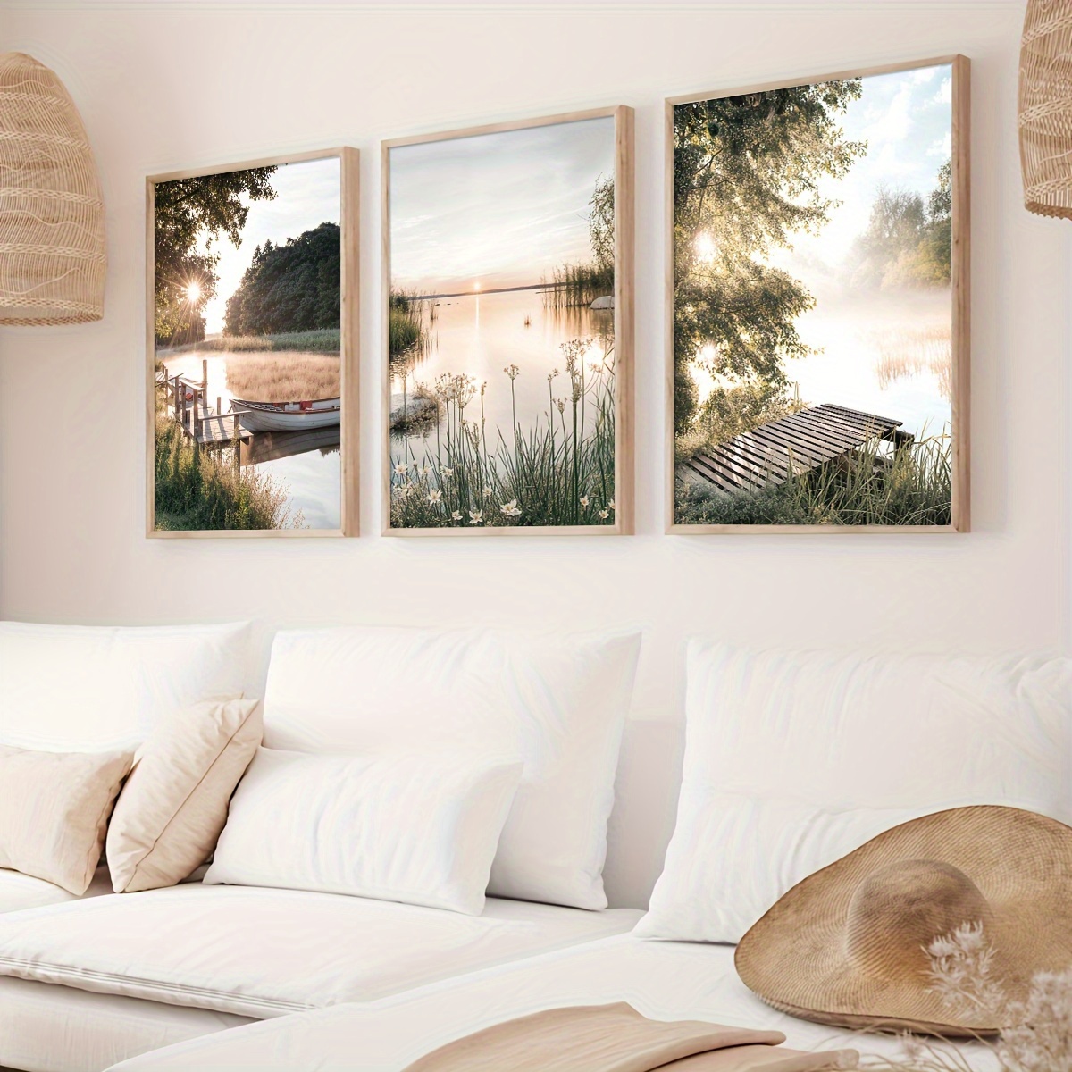 3pcs Set Modern Rustic Landscape Canvas Art Prints - Frameless Geometric Triptych Wall Posters - Serene Lake and Wooden Canoe Na 3pcs Set Modern Rustic Landscape Canvas Art Prints - Frameless Geometric Triptych Wall Posters - Serene Lake and Wooden Canoe Na