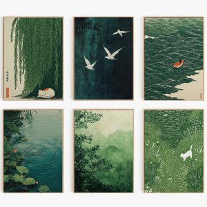 Forest & Koi Fish Zen Water Waves Crane Painting Canvas Retro Japanese Poster Print Wall Art for Peaceful Home Decor Cuadros