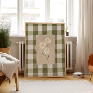 1pc Frameless Green Gingham Flower Print,Digital Downloadable Wall Art,Trendy Decor,Vintage Painting,Floral,Printable Decoration
