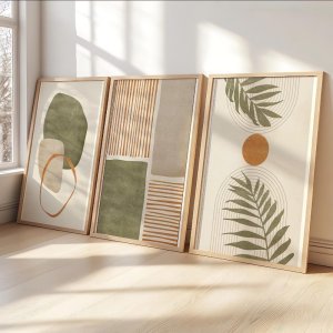 Frameless Canvas Print Wall Art Set of 3 Tropical Leaves Abstract Shapes Illustrations Mid Century Modern Art Boho Decor