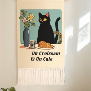 Black Cat Coffee Croissant Flower Letter Print Tassel Wall Hanging Tapestry For Bedroom Living Room Home Wall Decor