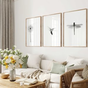 3pcs/set Nordic Dandelion Hummingbird Dragonfly Animal Canvas Print Black White Minimalist Wall Art Poster for Modern Home Decor