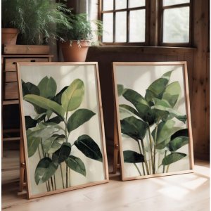 2 Frameless Green Plant Prints, Modern Minimalist Plant Banyan Tree Wall Art, Digital Download, Living Room Bedroom Decoration