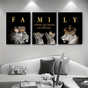 3 Pieces Modern Abstract Lion Family Inspirational Quotes Wall Art Canvas Prints for Living Room Cuadros Decor Unframed