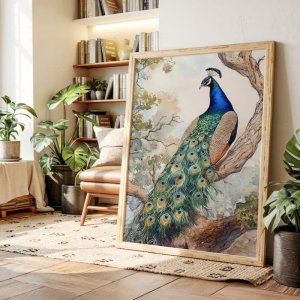 Peacock Wall Art, Blue Green Bird with Feathers Canvas, Exotic Nature Bird Print, Elegant Animal Poster for Boho Jungle Decor