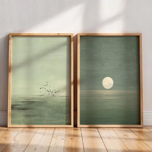 2pcs/set Japanese Sage Green Abstract Canvas Prints Poster Modern Minimalism Moon Art Prints Bedroom Wall Art Home Decor Poster