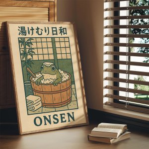 Japanese Frog in Bathtub Canvas Prints Poster Retro Japandi Fun Animal Art Prints Bathroom Wall Art Home Decor Art Poster