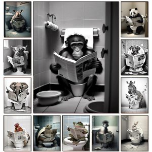 Funny Bathroom Humorous Animal Wall Decor Monkey Dog Cow Sitting on Toilet Reading Newspaper Poster Art Print Canvas Painting