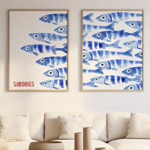 2pcs Blue Sardines Fish Canvas Prints Poster Japanese Funny Cute Art Style for Kithren,living Room Wall Art Home Decor Poster