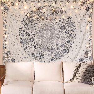 A Bohemian Tapestry Wall Hanging, Light Pink Floral Tapestry with Dotted Daisy Medallion Print for Bedroom Bohemian Hippie Home